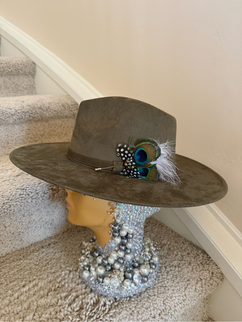 Classic Wide-Brim Olive Felt Fedora with Peacock Feather Accent